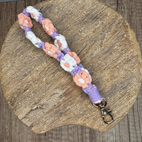 Macrame Flower Pink Purple Keychain Charm Purse Bag Charm FAST SHIP NEW - Picture 1 of 6
